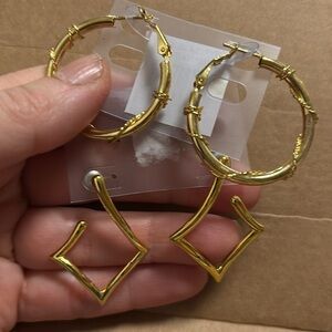Jordache two sets of gold tone pierced earrings hoops and dangling triangles nwt